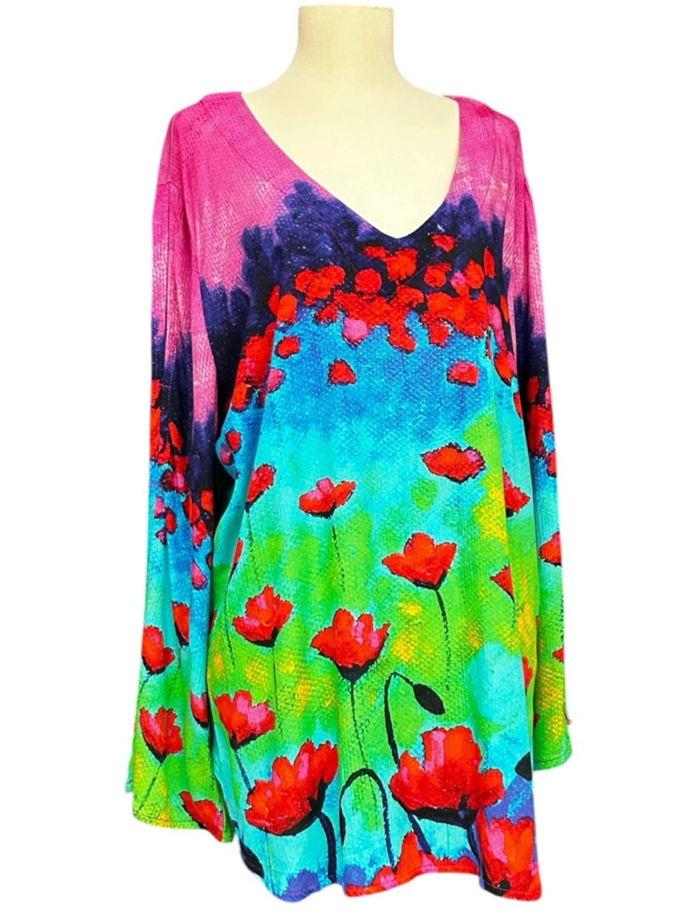 Dolcezza Floral Tunic Top Multicolor V Neck Long Sleeve XL Artistic Flower Print